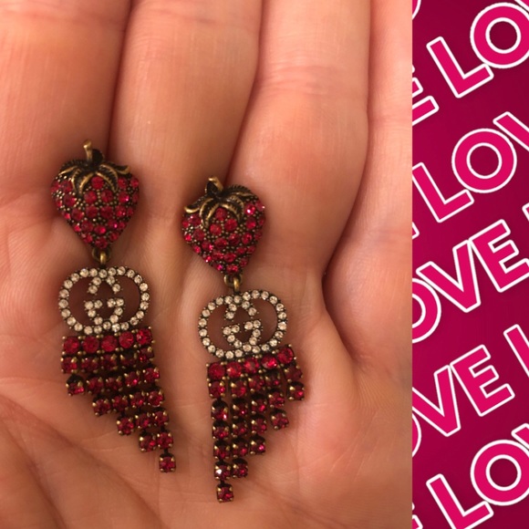 Love These! 🍓 Gucci Strawberry Drop Earrings with Red Crystals🍓NEW IN BOX - Picture 1 of 5